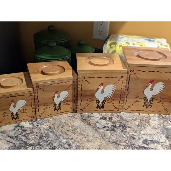 Rooster Weathervane Hand Painted Wood Canister Set Redbird Line Japan S + P - Picture 2 of 16